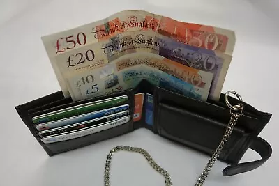 Gents Soft Leather Wallet With Security Chain RFID Proof Black • £10.99