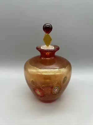 Perfume Bottle Handblown Art Glass Millefiori With Stopper Red And Gold • $49.99