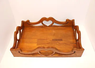 Solid Oak Wood Butler Serving Tray Heart Handles Scrolled Cut Out Handmade • $49.99