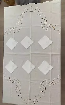 VTG Linen Tablecloth Cream Floral Embroidery Cutwork Madeira 67.5X51 & 6 Napkins • $24.99