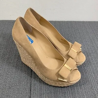 Michael Kors Sandals Size 10M Tan Suede Meg Bow Peep Toe Wedge Espadrilles PW16C • $20.24