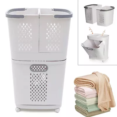 2 Tier Rolling Laundry Basket Moveable Household Laundry Basket W Wheel Bathroom • $55.59