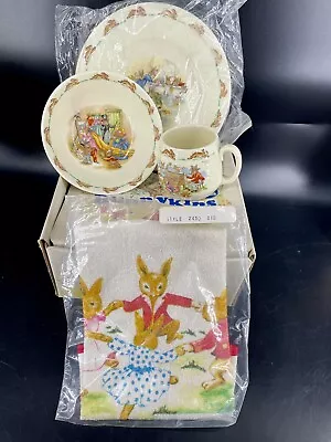 Royal Doulton Bunnykins Childs Kid Set Bowl Plate Cup With Bib • $110.11