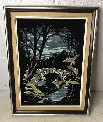 Vintage Retro Velvet Painting Ducks Stone Bridge Water Landscape Scene Framed • $35.95