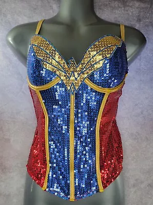 Wonder Woman Sequin Corset Costume Cosplay Sz S Spencer's GUC Red Gold Blue • $15.99