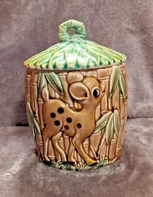 Vintage Fawn Deer Bambi Bamboo Cookie Jar With Lid - No Cracks Lefton (?) • $34