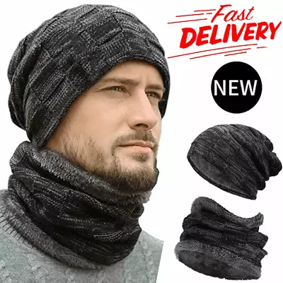 Men Hat And Scarf Snood Set Winter Beanie Hat Set Fleece Lining Warm Knitted Cap • £3.90