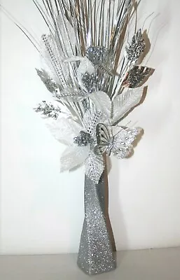 £15.99 • Buy Artificial Flowers White Fabric Glitter Arrangement With Butterfly Silver Vase.
