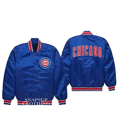 Men's MLB Chicago Cubs Blue Satin Jacket Full-Snap Bomber Style Varsity Jack • $90