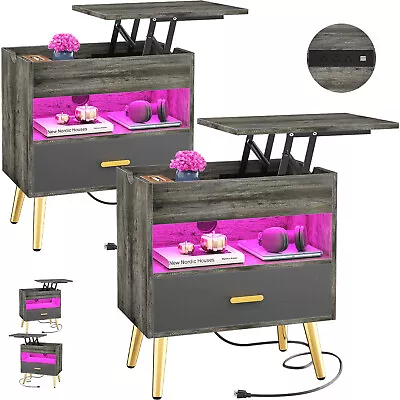 LED Nightstand Set Of 2 With Charging Station Industrial Lift Top Bedside Table • $129.99
