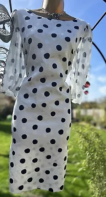 KARL LAGERFELD Paris White/navy Polka Dot Satin Shift Dress  Sheer Sleeves 10/12 • £37