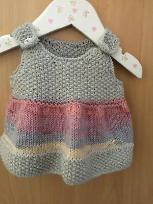 Hand Knitted Baby Girls Pinafore Dress: Grey Mix Size 12 /31cm Chest • £9.50