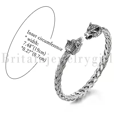 Norse Viking Wolf Head Bracelet Steel Braided Cable Bangle Cuff Bracelet For Men • $12.89