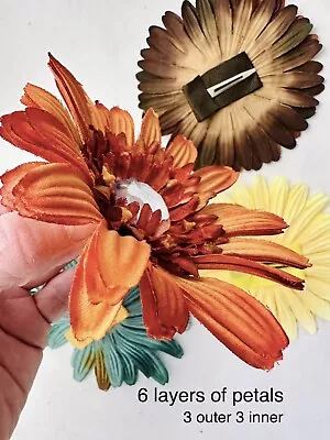 4.25” And 5” Fabric Silk Flower Hair Clip Rhinestone Orange Blue Brown Yellow • $3