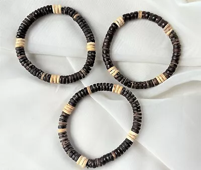 Wood Bead Stretch Bracelet Friendship Men Women Small Elastic Stacked Boho Set 3 • $7.49