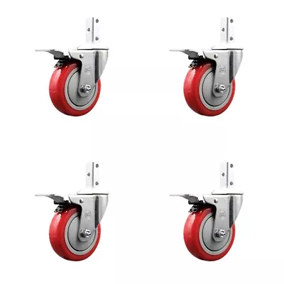 4 Inch Red Poly Wheel Swivel 7/8 Inch Square Stem Caster Set Total Lock Brake • $106.48