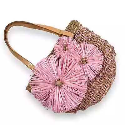 Vintage FURLA Woven Straw And Raffia Bucket Bag With Large Pink Flowers • $88