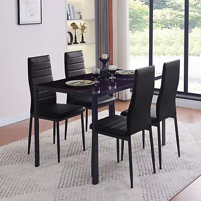 47  Brown Tempered Glass Dining Table&4pcs Black Faux Leather Dining Chairs Set • $199.99