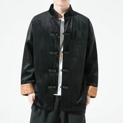 Men Velvet Drop Shoulder Shirt Jacket Coat Frog Button Mardarin Collar Tops Fit • $54.89