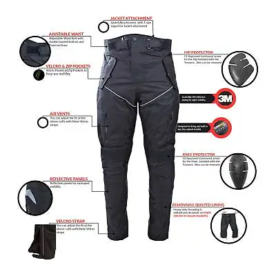 Mens Black Armoured Waterproof Motorcycle Motorbike Over Trousers Zip Pants Jean • $42.94