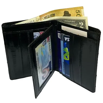 Genuine Eel Skin Leather Credit Card Wallet For Men Bifold Wallet 1 ID Window • $28.99