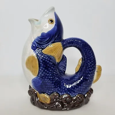 Vintage Majolica Pottery Fish Pitcher Vase Blue White Signed Wanjiang 8.5  Tall • $34.99