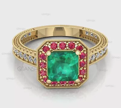 18K Yellow Gold Genuine Emerald Diamond Halo Band Ruby Engagement Ring Size 8 • $726.71