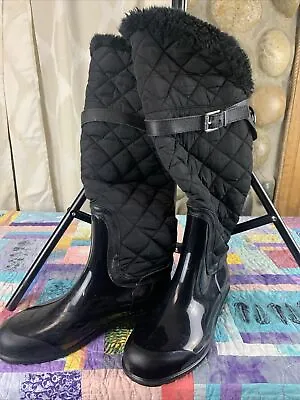 Michael Kors Fulton Black Gloss Style Winter Rain Boots With Quilting & Faux Fur • $30