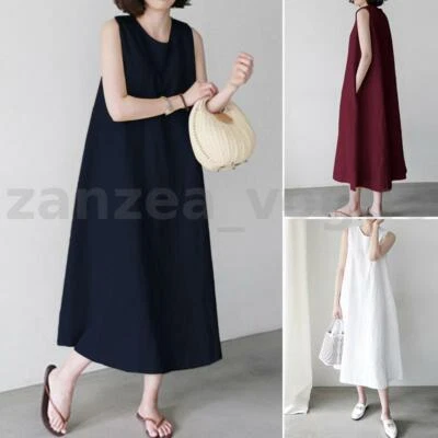 $22.31 • Buy ZANZEA Womens Linen Dress Holiday O Neck Sleeveless Office OL Dresses Plus Size