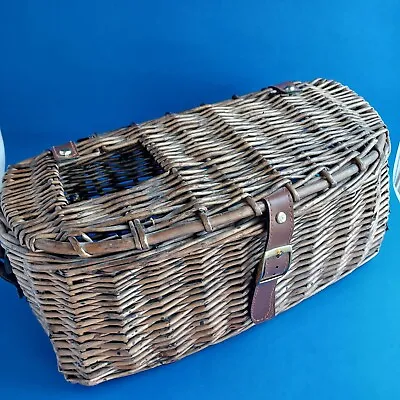 Vintage Wicker Creel Trout Fishing Basket Cabin Decor Lake Faux Leather Straps • $20