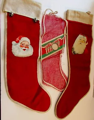 3 Vintage Red Felt White Edging Paper Santa Christmas Stocking Net Bells  • $25