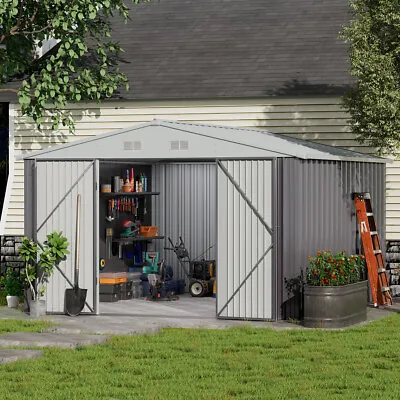 Lockable Door Storage Shed Metal Steel Garden Shed Tool House 10x10ft 10x12ft • £82.95