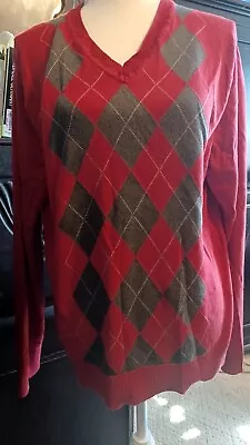 Banana Republic Men's Argyle Sweater Silk Cotton Blend Size L Red V-Neck • $16.93