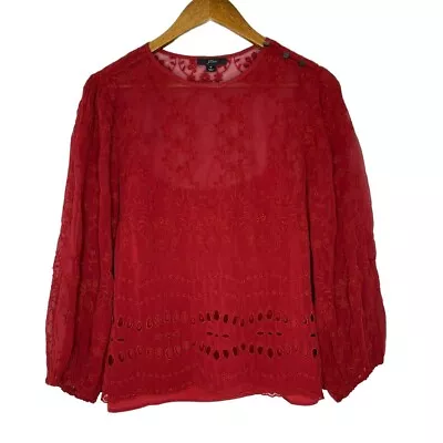 J Crew Ruby Red Embroidered Eyelet Paisley Print Long Sleeve Blouse Sz M Women's • $25