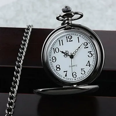 Vintage Black Chain Glossy Smooth Quartz Pocket Watch Arabic Numerals Dial Gift • $10.99