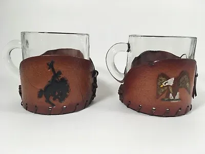 $34.99 • Buy Glass Coffee Mugs With Vintage Laced Leather Western Holders / Coasters / Covers