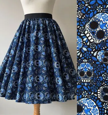 1950s Circle Skirt Blue Sugar Skulls All Sizes - Rockabilly Gothic Stain Glass • £29.99