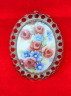 Vintage Hand Painted Porcelain Brooch Red Rosses & Blue Daisies • $12.99