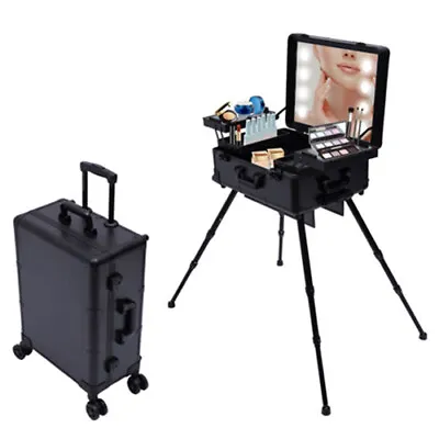 Pro Rolling Makeup Case Travel Cosmetic Trolley Organizer W/ LED Light Mirror • $180.50