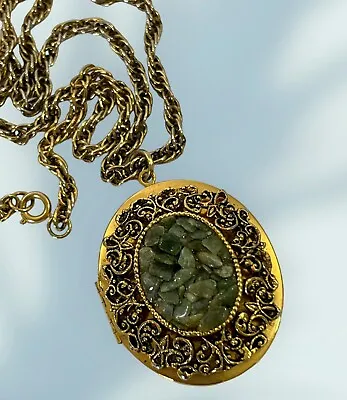 Vintage African Jade Chip Locket Pendant Necklace Rope Chain 24  Ornate Goldtone • $19