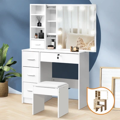 $197.91 • Buy Oikiture Dressing Table Stool Set Makeup Slide Mirror Drawers 10 LED Bulbs