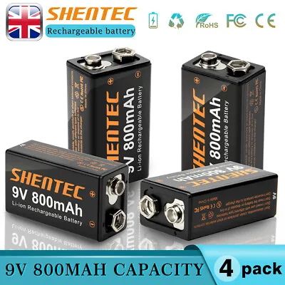 Shentec 4Pack 9V Block 800mAh 6F22 Lithium Li-ion 9 Volt Rechargeable Batteries • £19.95