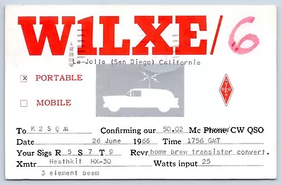 QSL CB Ham Radio W1LXE6 La Jolla California Vtg San Diego County CA 1966 Card • $5