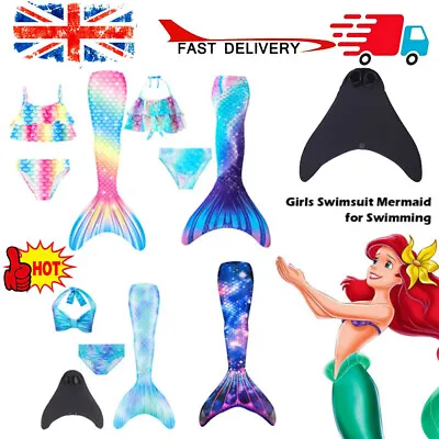 Kids Mermaid Tail With Monofin Swimmable Bikini Set Costume Swimsuit Swimming UK • £11.65