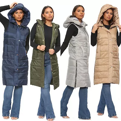 £29.95 • Buy Ladies Long Line Hooded Vest Long Puffer Jacket Padded Gilet Body Warmer