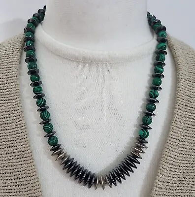 Malachite & Hematite Stone Beaded Necklace & Bracelet Healing Green Grey  • £9.50