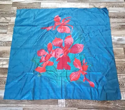 Vintage Thai Silk Scarf Square Teal Blue Pink Iris Large Handmade Thailand • $18.98