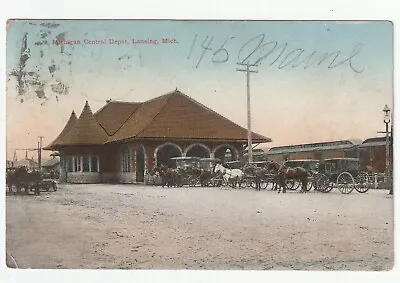 Postcard Michigan Central Depot Lansing MI Train Station Horses Carriages Posted • £2.78