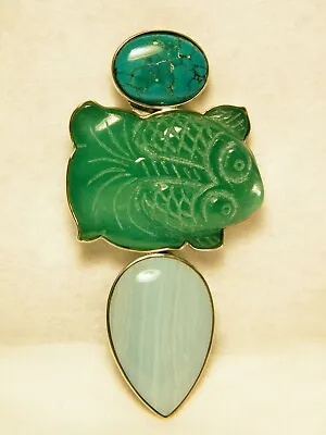 Amy Kahn Russell Sterling Silver Turquoise And Green Agate Fish Pendant 112.7 Gr • $596.21