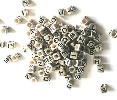 100pcs 7mm Cube Creamy Silver Colour Mixed Letters Acrylic Alphabets Beads • £0.99